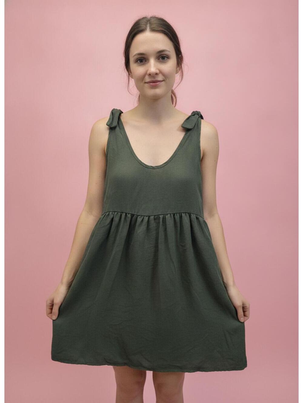 Deftduck Olive Green Sleeveless Tie Shoulder Dress
